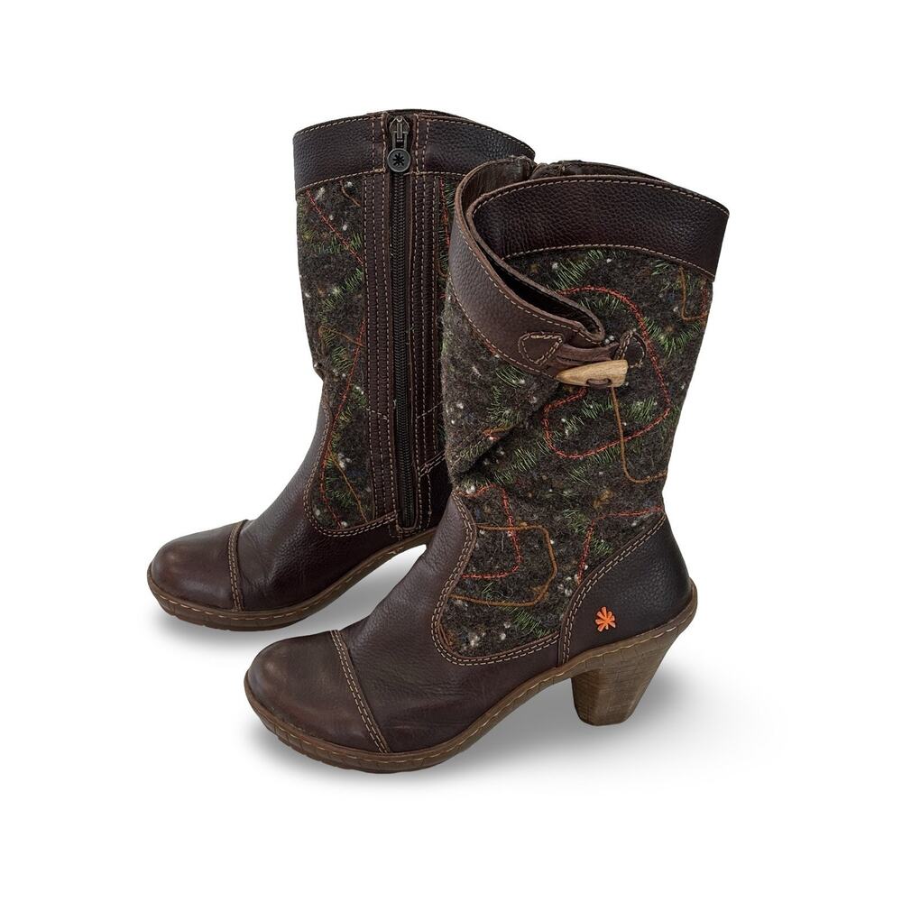 The Art Company Mid Boots Size 37 US 6.5 -7 Brown Leather Embroidered Wool Shaft - Picture 2 of 9